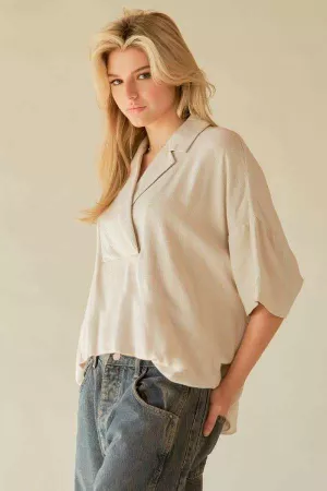 wholesale clothing linen shirt collar short sleeve front tuckin top davi & dani