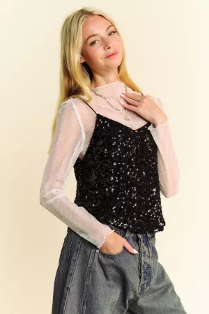 wholesale clothing sequin detail sheer mesh mock neck strap top davi & dani