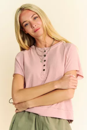wholesale clothing solid breezy knit short sleeve henley t-shirt top davi & dani