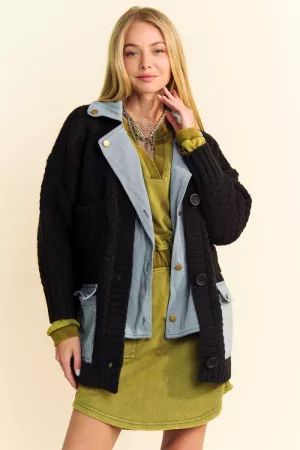 wholesale clothing denim collar pocket detail chunky knit cardigan davi & dani