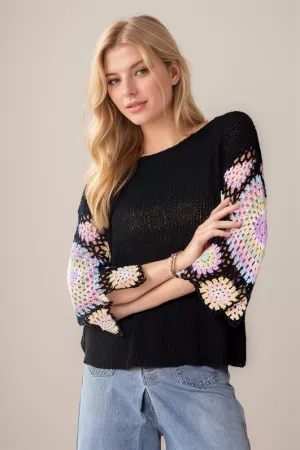 wholesale clothing crochet multi colored granny sleeve sweater top davi & dani