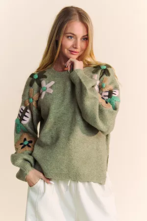 wholesale clothing floral embroidered side slit loose fit sweater davi & dani