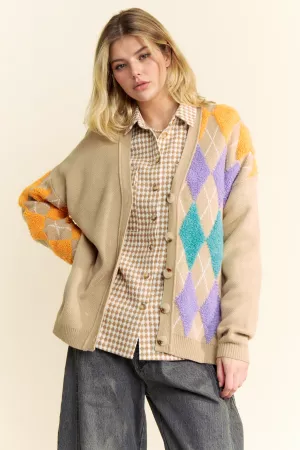 wholesale clothing plush argyle button front loose fit knit cardigan davi & dani