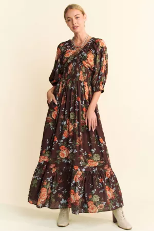 wholesale clothing floral three quarter sleeve smocked maxi dress davi & dani