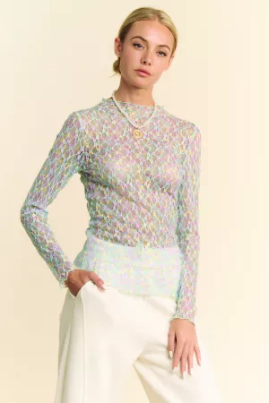 wholesale clothing multi printed loose turtle neck lace mesh top davi & dani
