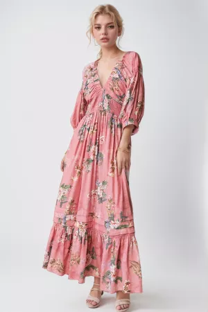 wholesale clothing garden floral printed three line waist maxi dress davi & dani