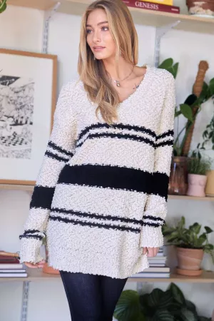 wholesale clothing stripe cozy thick popcorn knit v neck sweater davi & dani