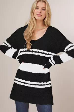 wholesale clothing stripe cozy thick popcorn knit v neck sweater davi & dani