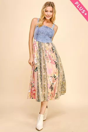 wholesale clothing plus floral stripe skirt denim bodice midi dress davi & dani