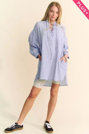 wholesale clothing plus stripes long sleeve lace up high low dress davi & dani