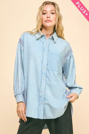 wholesale clothing plus waffle knit button down denim shirt top davi & dani