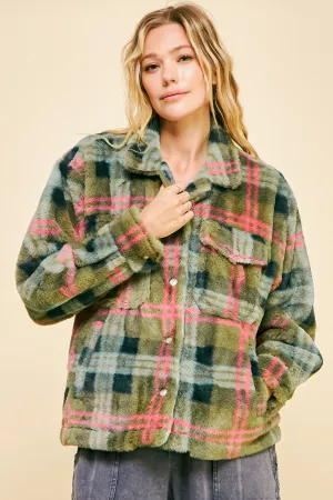 wholesale clothing fuzzy plaid collar button down loose fit jacket davi & dani