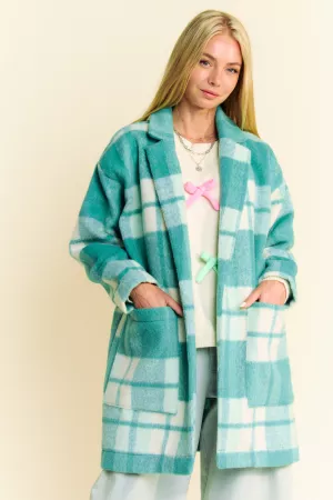 wholesale clothing fuzy checker plaid pockets midi open coat jacket davi & dani