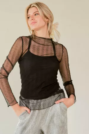 wholesale clothing turtle neck lace dotted stretch mesh sheer top davi & dani