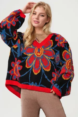 wholesale clothing retro floral knit v neck pullover sweater top davi & dani