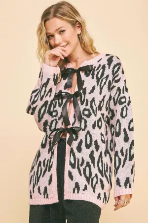 wholesale clothing leopard ribbon tie front loose fit knit cardigan davi & dani