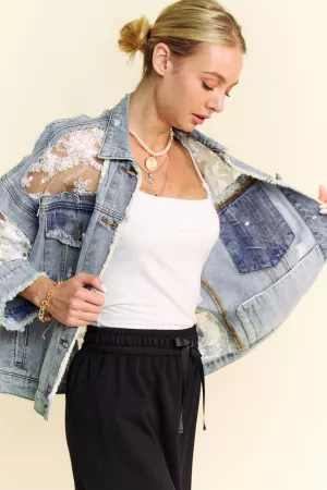 wholesale clothing floral embroidery lace distressed denim jacket davi & dani