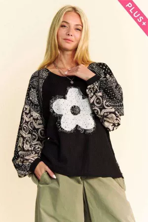 wholesale clothing plus boho geo flower patchwork balloon sleeve top davi & dani