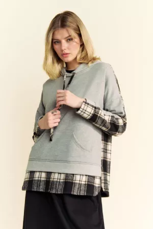 wholesale clothing plaid piece blocked fleece lined hoodie top davi & dani