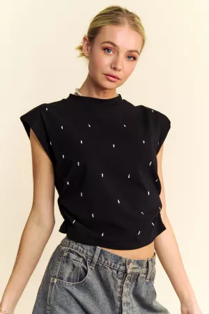 wholesale clothing solid mock neck short sleeve jewel crop top davi & dani