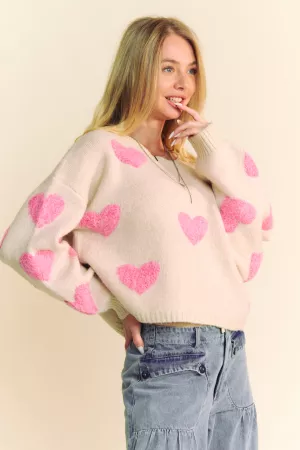 wholesale clothing heart pattern long sleeve loose fit knit sweater davi & dani