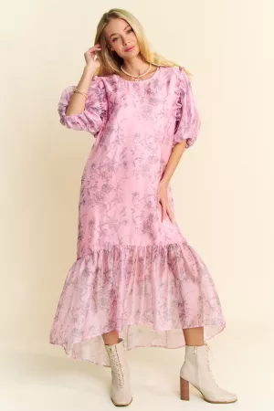 wholesale clothing organza floral short balloon sleeve midi dress davi & dani