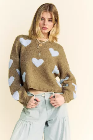 wholesale clothing heart pattern long sleeve loose fit knit sweater davi & dani