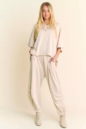 wholesale clothing solid flowy top with elastic waist band pants set davi & dani