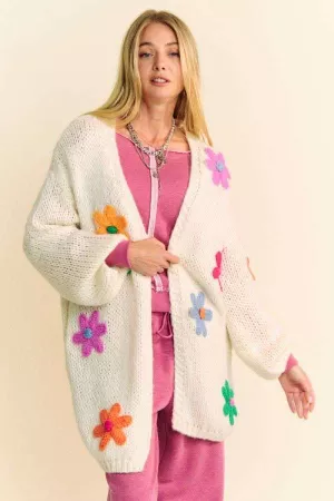 wholesale clothing multi color floral patched open knit cardigan davi & dani