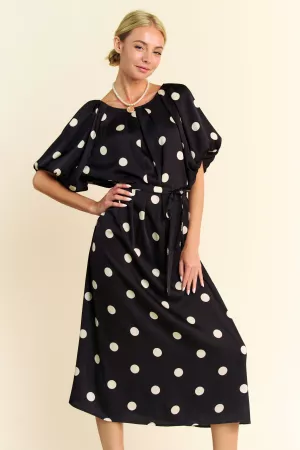 wholesale clothing polka dot puff sleeves waist tie midi dress davi & dani