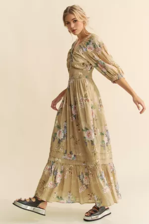 wholesale clothing garden floral printed three line waist maxi dress davi & dani