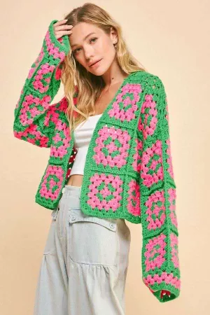 wholesale clothing two tone floral square crochet open knit cardigan davi & dani