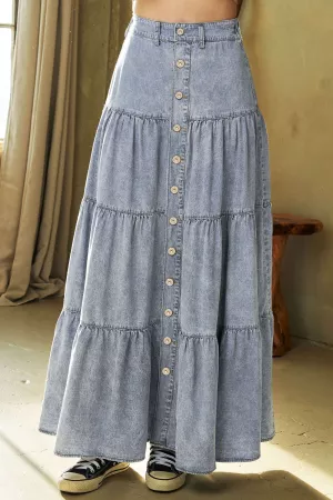 wholesale clothing denim button front ruffle hem denim maxi skirt davi & dani