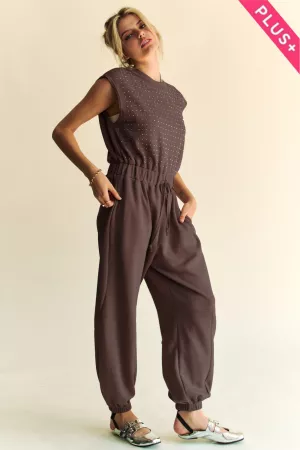 wholesale clothing plus crew neck rhinestone top jogger jumpsuit davi & dani