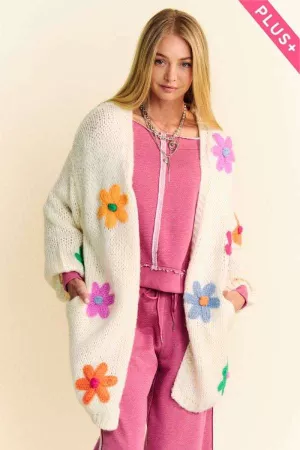 wholesale clothing plus multi color floral patched open knit cardigan davi & dani