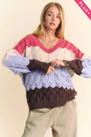 wholesale clothing plus v neckline cozy waves color block sweater davi & dani