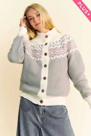 wholesale clothing plus fair isle mock neck long sleeve cardigan davi & dani