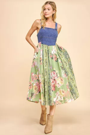 wholesale clothing floral stripe mixed skirt denim bodice midi dress davi & dani