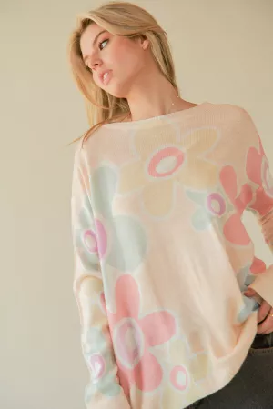 wholesale clothing multi floral printed long sleeve sweater knit top davi & dani