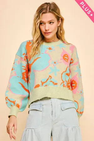 wholesale clothing plus floral abstract balloon sleeve knit sweater davi & dani