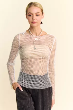 wholesale clothing sparkling diamante detail sheer mesh mock neck top davi & dani