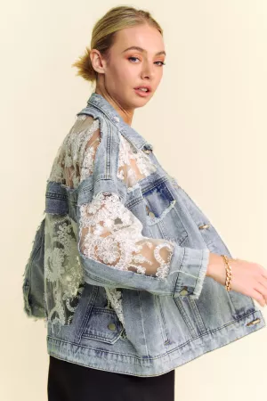 wholesale clothing floral embroidery lace distressed denim jacket davi & dani