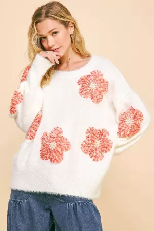 wholesale clothing floral patches loose fit long sleeve knit sweater davi & dani