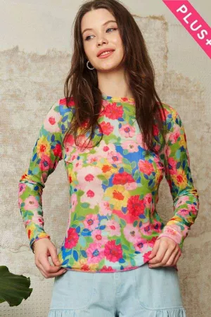 wholesale clothing plus flower print mesh round neck long sleeve top davi & dani