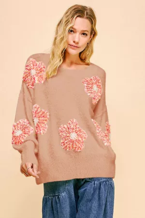 wholesale clothing floral patches loose fit long sleeve knit sweater davi & dani