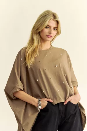 wholesale clothing pearl drop shoulders batwing sleeve side slit top davi & dani