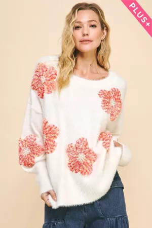 wholesale clothing plus floral patches loose fit long sleeve sweater davi & dani