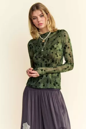 wholesale clothing floral mesh long sleeve sheer layering top davi & dani