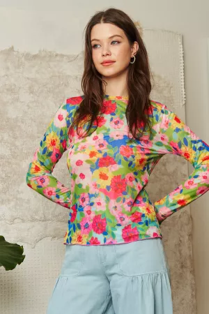 wholesale clothing flower printed mesh round neck long sleeve top davi & dani