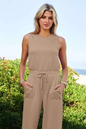 wholesale clothing solid boat neck sleeveless bodice pocket jumpsuit davi & dani